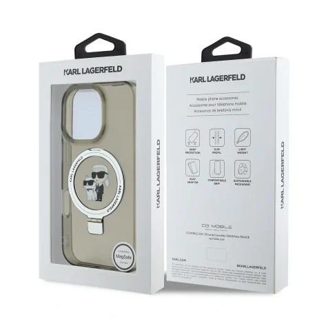 Carcasă spate Karl Lagerfeld Ringstand Karl and Choupette MagSafe pentru iPhone 16 Pro Max, neagră