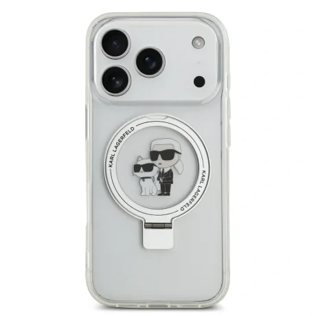 Carcasă spate Karl Lagerfeld Ringstand Karl and Choupette MagSafe pentru iPhone 17 Pro, albă
