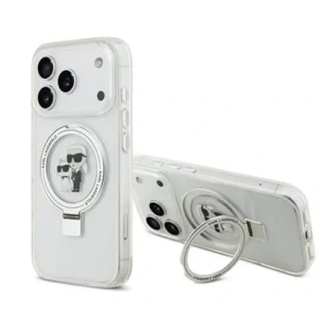 Carcasă spate Karl Lagerfeld Ringstand Karl and Choupette MagSafe pentru iPhone 17 Pro, albă