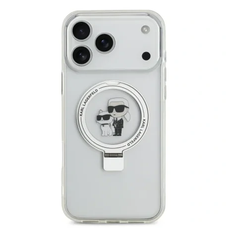 Carcasă spate Karl Lagerfeld Ringstand Karl and Choupette MagSafe pentru iPhone 17 Pro Max, albă