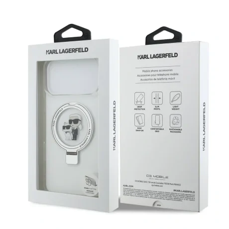 Carcasă spate Karl Lagerfeld Ringstand Karl and Choupette MagSafe pentru iPhone 17 Pro Max, albă