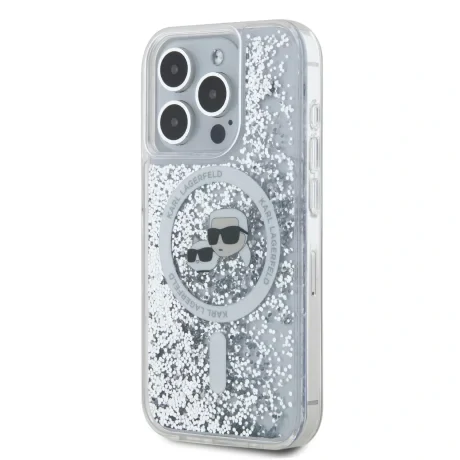 Carcasă spate MagSafe cu sclipici lichid Karl Lagerfeld pentru iPhone 15 Pro Max, transparentă, cu capete Karl și Choupette
