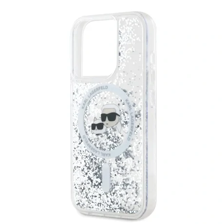 Carcasă spate MagSafe cu sclipici lichid Karl Lagerfeld pentru iPhone 15 Pro Max, transparentă, cu capete Karl și Choupette