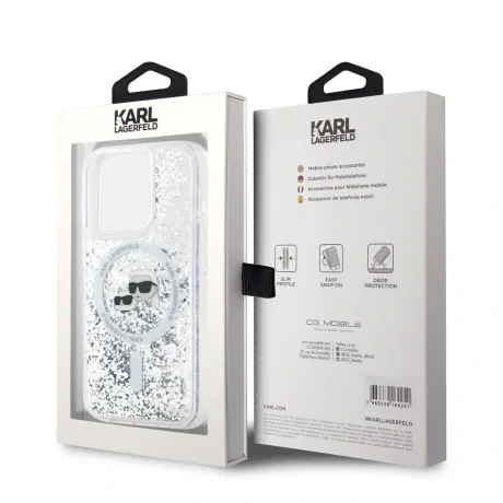 Carcasă spate MagSafe cu sclipici lichid Karl Lagerfeld pentru iPhone 15 Pro Max, transparentă, cu capete Karl și Choupette