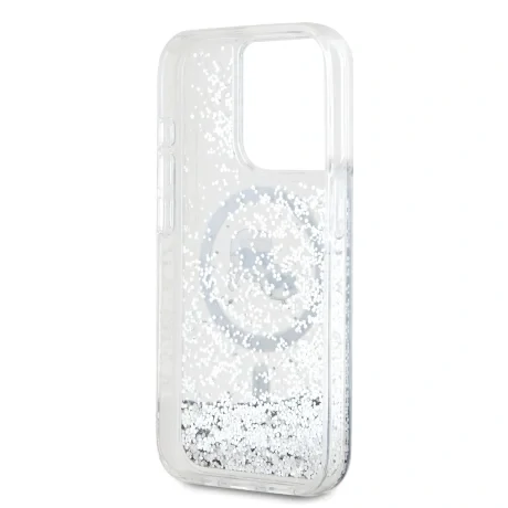 Carcasă spate MagSafe cu sclipici lichid Karl Lagerfeld pentru iPhone 15 Pro Max, transparentă, cu capete Karl și Choupette