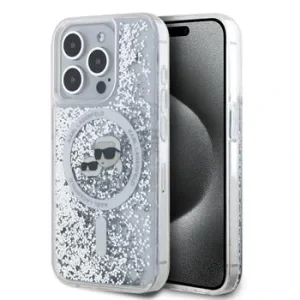 Carcasă spate MagSafe cu sclipici lichid Karl Lagerfeld pentru iPhone 15 Pro Max, transparentă, cu capete Karl și Choupette