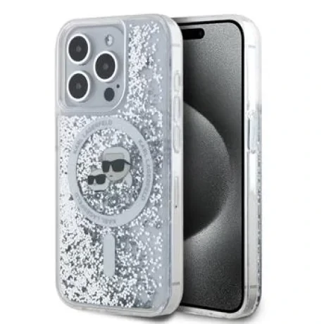 Carcasă spate MagSafe cu sclipici lichid Karl Lagerfeld pentru iPhone 15 Pro Max, transparentă, cu capete Karl și Choupette