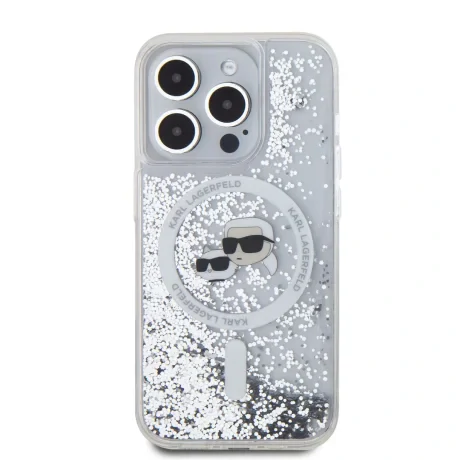 Carcasă spate MagSafe cu sclipici lichid Karl Lagerfeld pentru iPhone 15 Pro Max, transparentă, cu capete Karl și Choupette