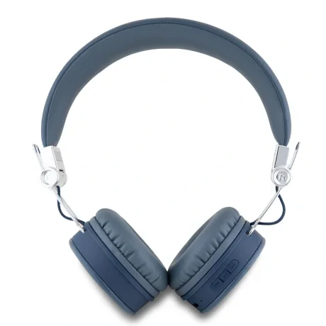 Căști wireless Guess ENC cu logo triunghiular granulat din PU, albastre