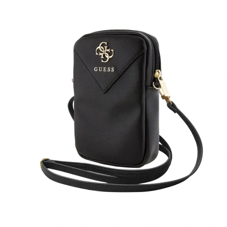 Geantă de telefon Guess PU Grained 4G cu logo metalic și fermoar, neagră