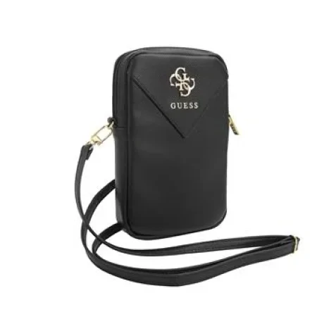 Geantă de telefon Guess PU Grained 4G cu logo metalic și fermoar, neagră