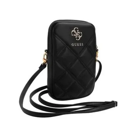 Geantă de telefon Guess PU matlasată 4G cu logo metalic și fermoar, neagră