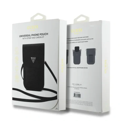 Husă de telefon Guess PU cu logo triunghiular granulat, neagră