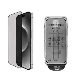 Husa Guess din sticlă securizată 2.5D PRIVACY pentru iPhone 16, neagră