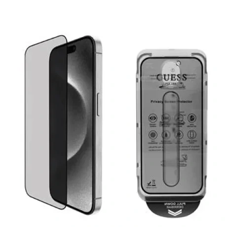 Husa Guess din sticlă securizată 2.5D PRIVACY pentru iPhone 16 Pro, neagră