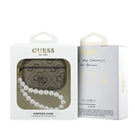 Husă Guess PU 4G Classic Logo Pearl Strap pentru AirPods Pro 3, maro
