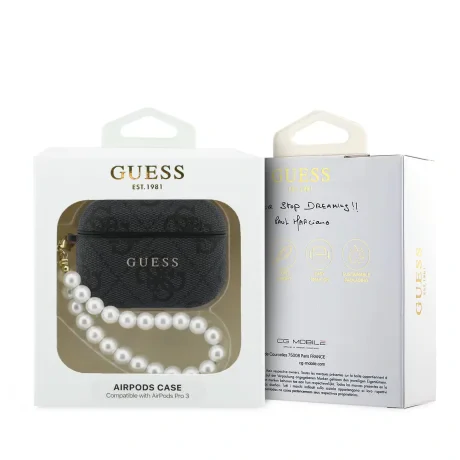 Husă Guess PU 4G Classic Logo Pearl Strap pentru AirPods Pro 3, neagră