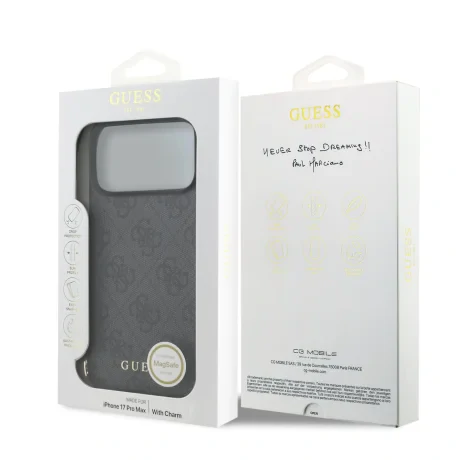 Husă spate Guess 4G Charm MagSafe pentru iPhone 17 Pro Max, gri ton pe ton