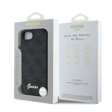 Husă spate Guess 4G Script Logo MagSafe pentru iPhone 16e/17e, neagră