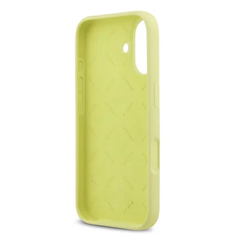 Husa spate Guess cu logo metalic din silicon lichid 4G pentru iPhone 17, galbenă