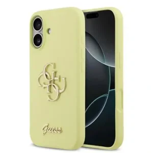 Husa spate Guess cu logo metalic din silicon lichid 4G pentru iPhone 17, galbenă