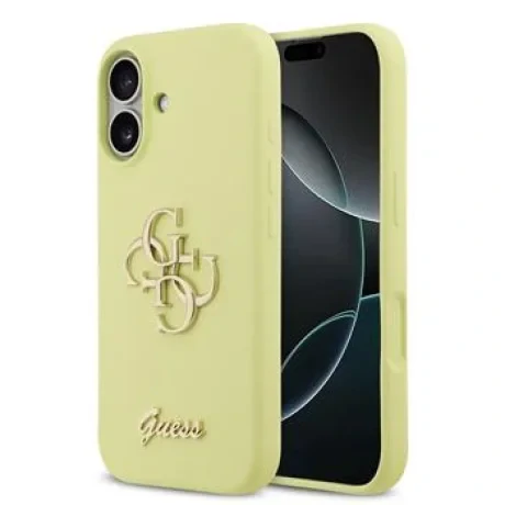 Husa spate Guess cu logo metalic din silicon lichid 4G pentru iPhone 17, galbenă
