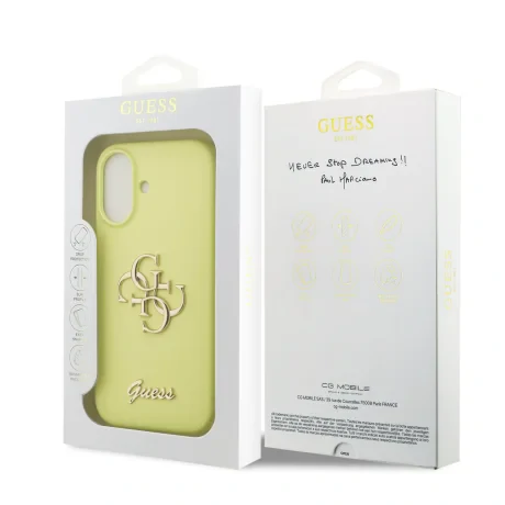 Husa spate Guess cu logo metalic din silicon lichid 4G pentru iPhone 17, galbenă