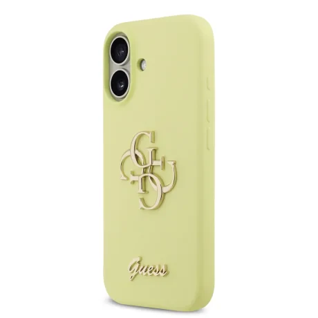 Husa spate Guess cu logo metalic din silicon lichid 4G pentru iPhone 17, galbenă