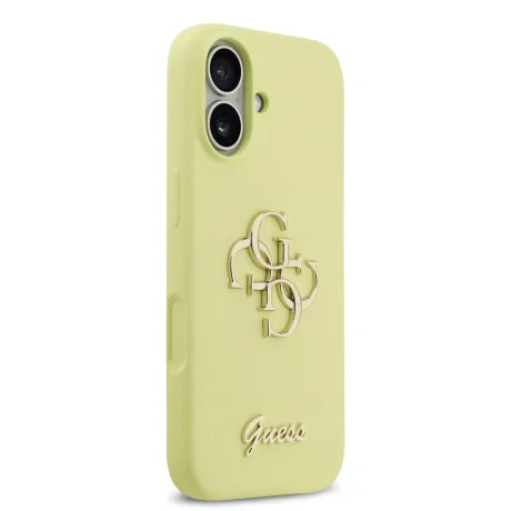 Husa spate Guess cu logo metalic din silicon lichid 4G pentru iPhone 17, galbenă