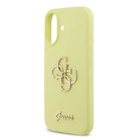 Husa spate Guess cu logo metalic din silicon lichid 4G pentru iPhone 17, galbenă