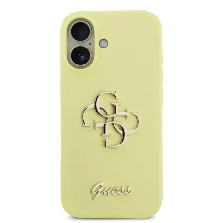 Husa spate Guess cu logo metalic din silicon lichid 4G pentru iPhone 17, galbenă