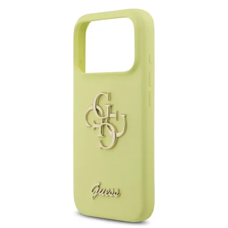Husa spate Guess cu logo metalic din silicon lichid 4G pentru iPhone 17 Pro, galbenă
