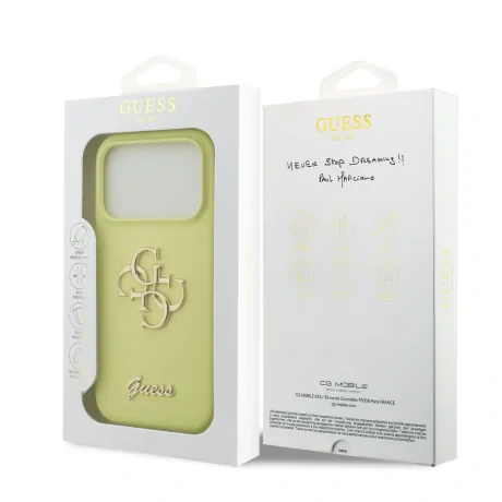 Husa spate Guess cu logo metalic din silicon lichid 4G pentru iPhone 17 Pro, galbenă