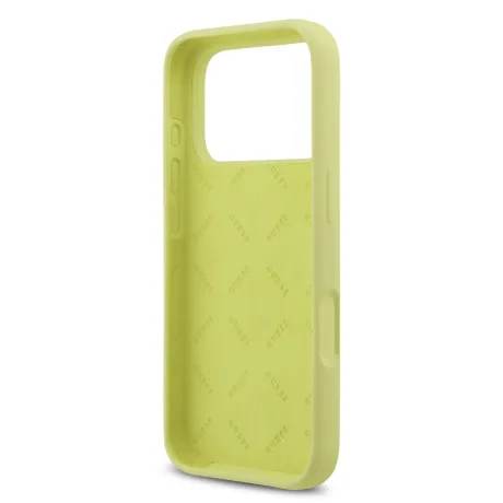 Husa spate Guess cu logo metalic din silicon lichid 4G pentru iPhone 17 Pro, galbenă