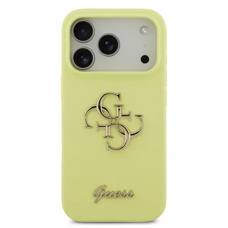 Husa spate Guess cu logo metalic din silicon lichid 4G pentru iPhone 17 Pro, galbenă