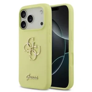 Husa spate Guess cu logo metalic din silicon lichid 4G pentru iPhone 17 Pro, galbenă
