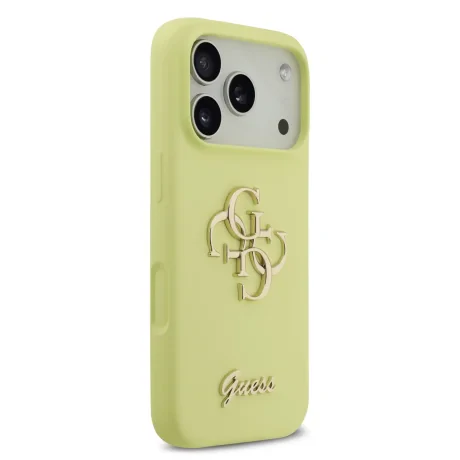 Husa spate Guess cu logo metalic din silicon lichid 4G pentru iPhone 17 Pro, galbenă