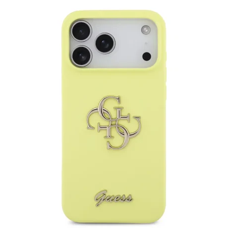 Husă spate Guess cu logo metalic din silicon lichid 4G pentru iPhone 17 Pro Max, galbenă