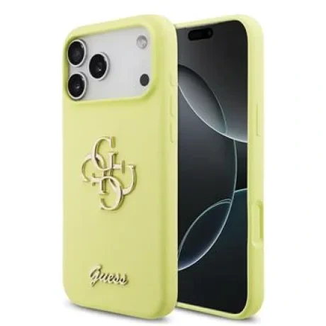 Husă spate Guess cu logo metalic din silicon lichid 4G pentru iPhone 17 Pro Max, galbenă