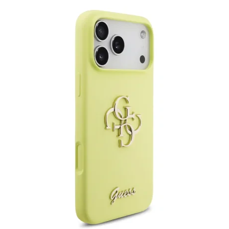 Husă spate Guess cu logo metalic din silicon lichid 4G pentru iPhone 17 Pro Max, galbenă