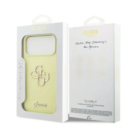 Husă spate Guess cu logo metalic din silicon lichid 4G pentru iPhone 17 Pro Max, galbenă