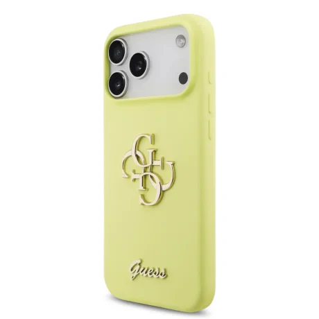 Husă spate Guess cu logo metalic din silicon lichid 4G pentru iPhone 17 Pro Max, galbenă