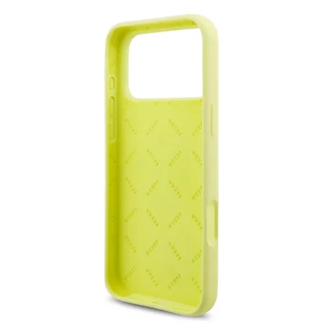 Husă spate Guess cu logo metalic din silicon lichid 4G pentru iPhone 17 Pro Max, galbenă