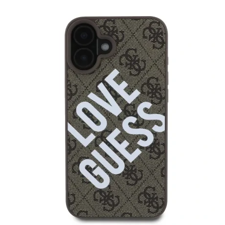 Husa spate Guess din piele PU 4G Big Love Logo MagSafe pentru iPhone 16, maro