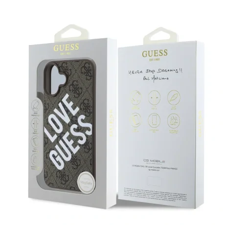 Husa spate Guess din piele PU 4G Big Love Logo MagSafe pentru iPhone 16, maro