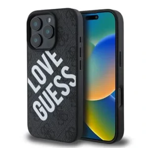 Husa spate Guess din piele PU 4G Big Love Logo MagSafe pentru iPhone 16 Pro, neagră