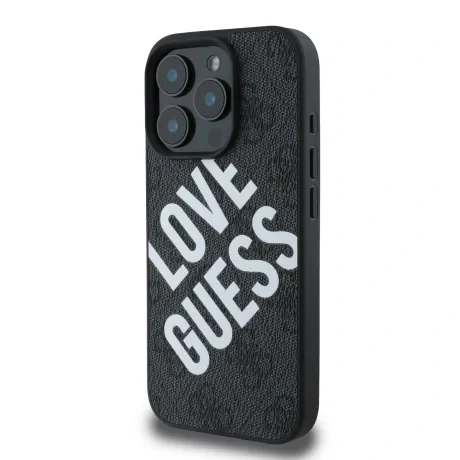 Husa spate Guess din piele PU 4G Big Love Logo MagSafe pentru iPhone 16 Pro, neagră