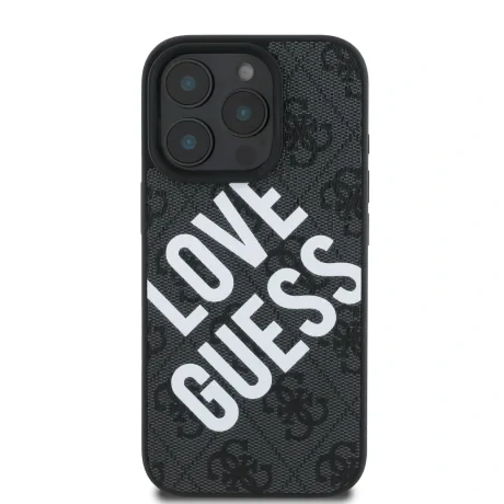 Husa spate Guess din piele PU 4G Big Love Logo MagSafe pentru iPhone 16 Pro, neagră