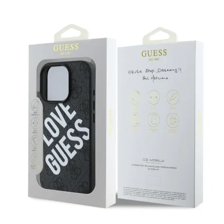 Husa spate Guess din piele PU 4G Big Love Logo MagSafe pentru iPhone 16 Pro, neagră