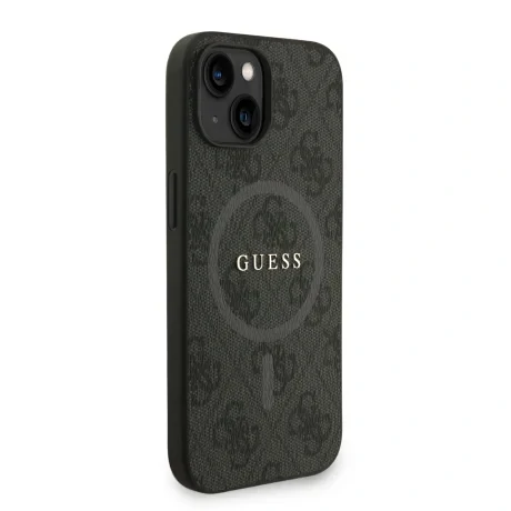 Husă spate Guess din piele PU 4G cu inel colorat MagSafe pentru iPhone 14, neagră